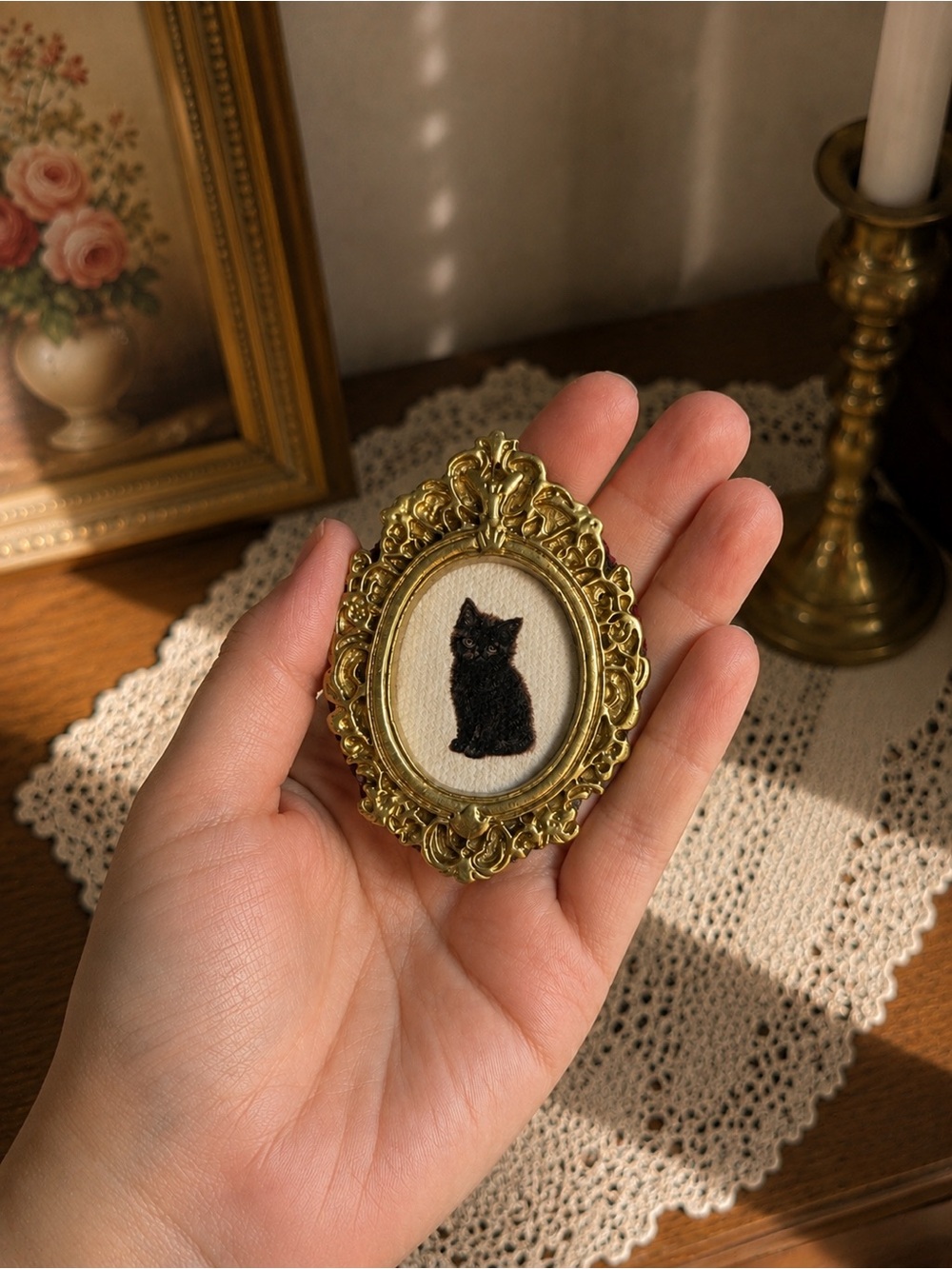 Black Kitten Tiny Framed Canvas Print in Ornate Frame